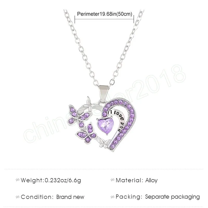 Shining Crystal Butterfly Heart Pendant Necklace for Women Letter I LOVE YOU Couple Lovers Gifts Fashion Jewelry Accessories