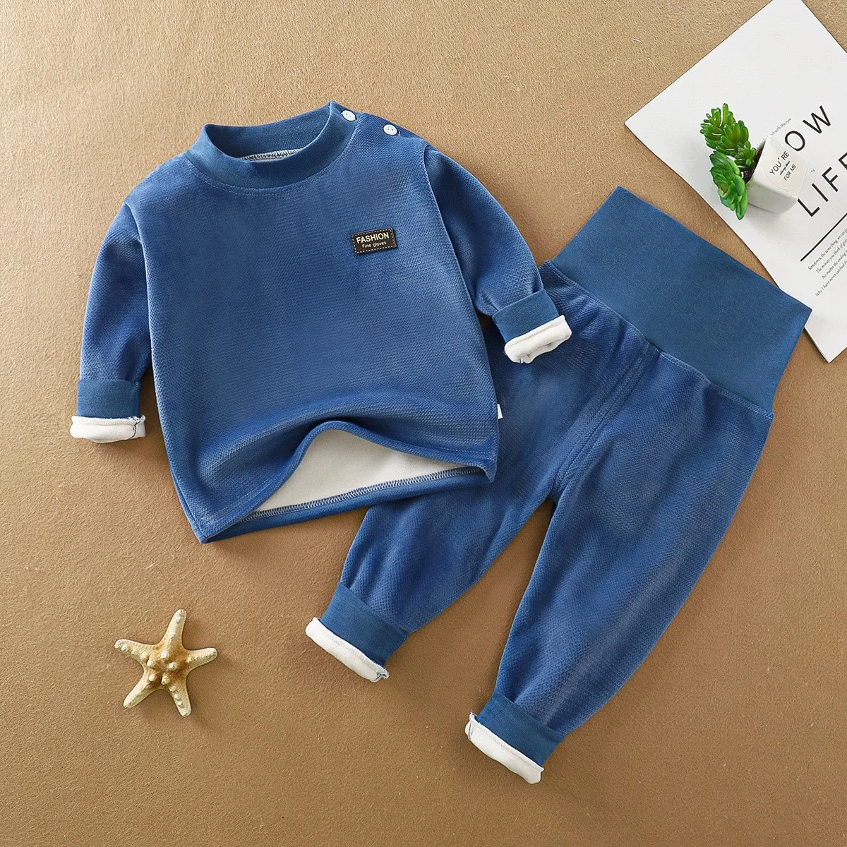 Baby Warm Underwear Set Autumn and Winter Baby Plus Fleece Thickened High Waist Belly Care Baby Long Johns Casual Children's Wear