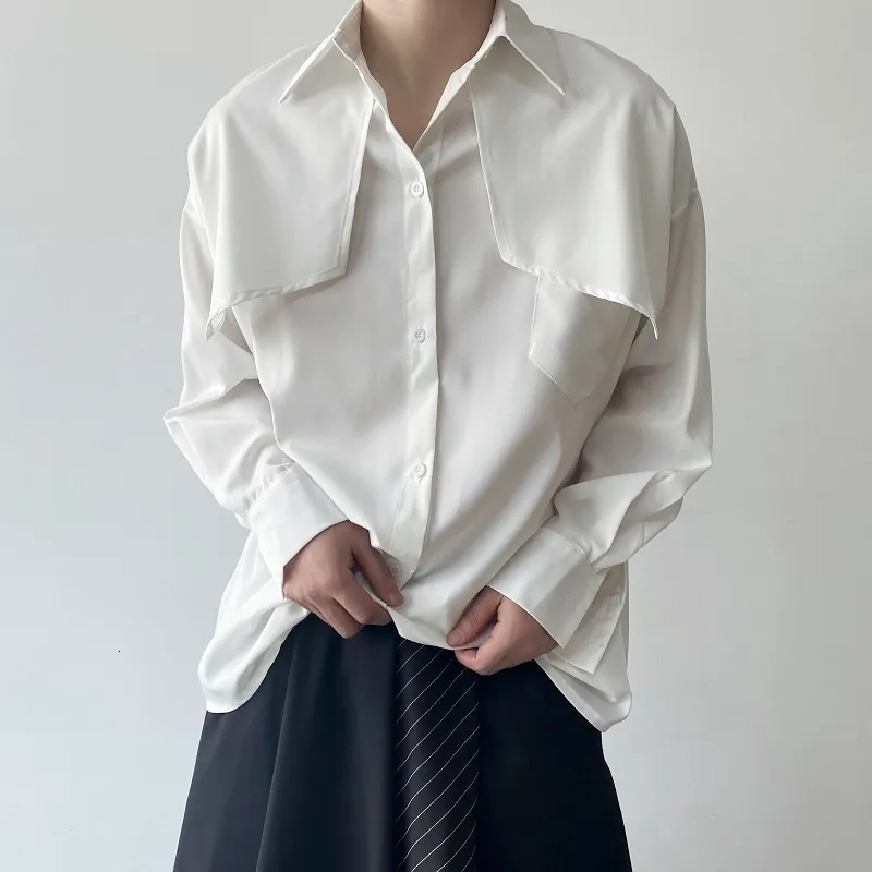 Chemises décontractées pour hommes Printemps Chemise à manches longues Hommes Mode Social Mens Robe Coréenne Lâche Noir Blanc Surdimensionné Soie glacée 230912