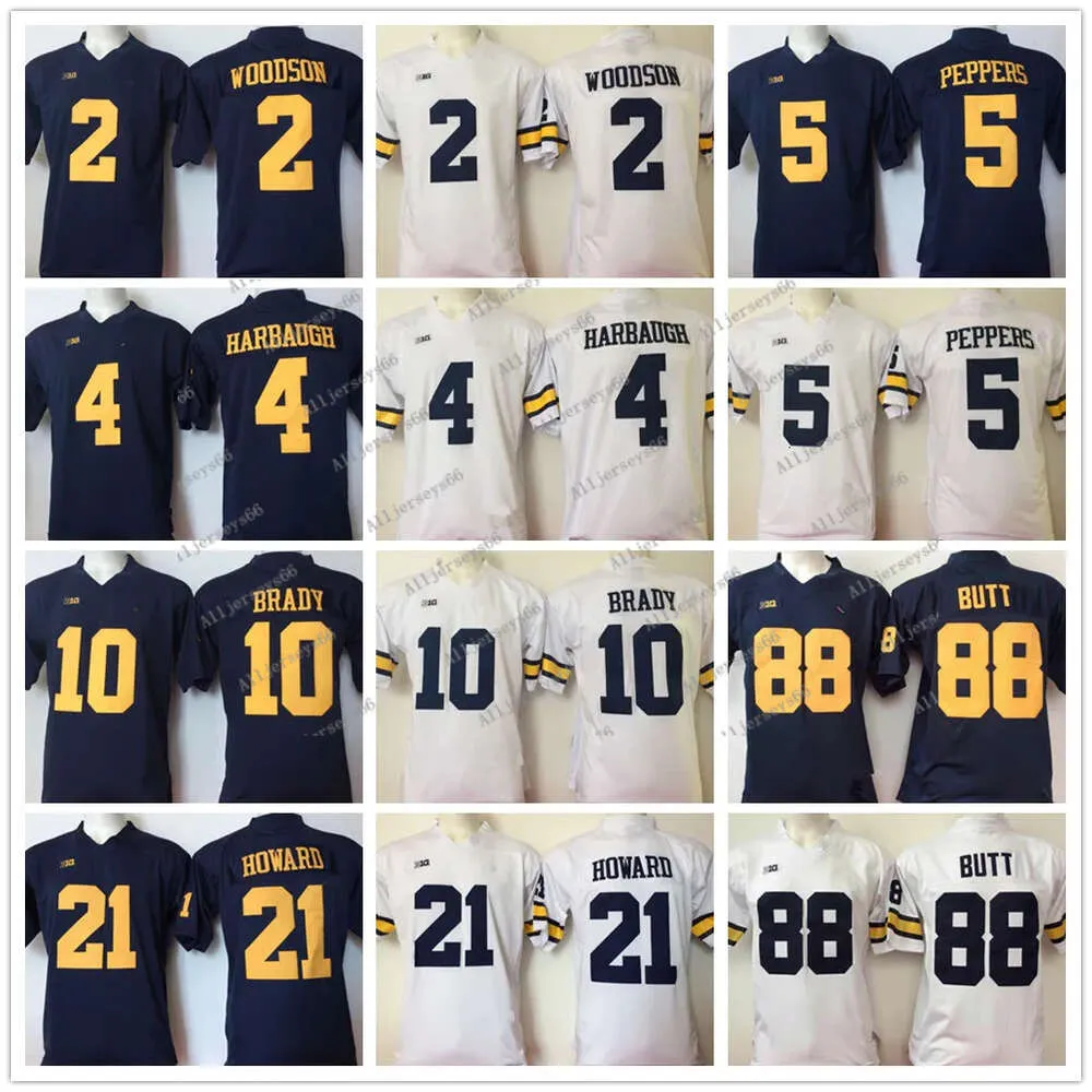 Michigan Woerines Limited College Jersey 4 Jim Harbaugh 2 Woodson 5 Peppers 10 Brady 21 Howard 88 Butt Branco Azul Marinho Camisas de Futebol