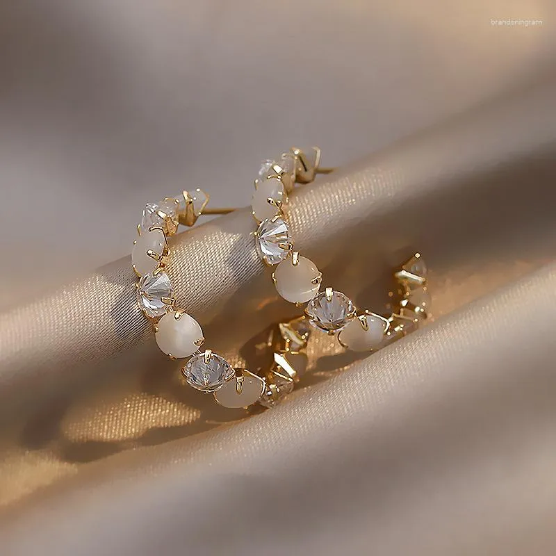 Hoop Earrings C-shaped Diamond Opal Geometric Design