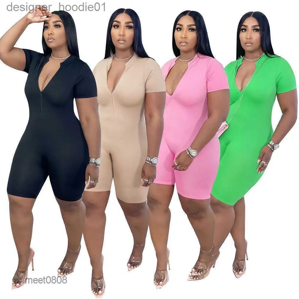 Kvinnor Jumpsuits Rompers Desinger Women Jumpsuits Rompers Bodysuit Casual Zipper Skinny Short Sleeve Vneck Onesies Ladies Yoga Shorts Plus Size XL5XL CW232 L23091