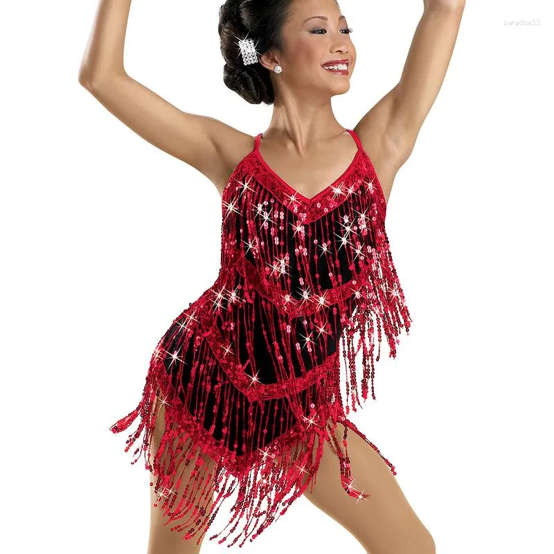 Bühnenkleidung MiDee Sparkle Fringe Latin Dance Kleider Samba Salsa Tanzen für Frauen Pailletten fließendes Skating-Kostüm
