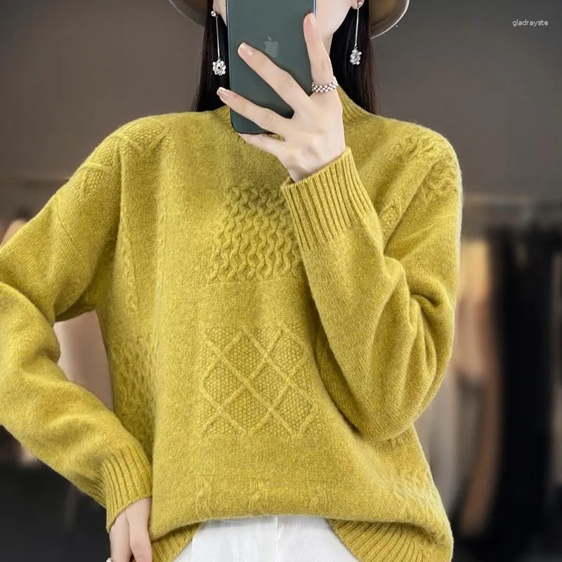 Kvinnors tröjor Autumn och Winter Wool Knit Sweater Half High Collar Solid Diamond Pullover Soft Trendy Blue