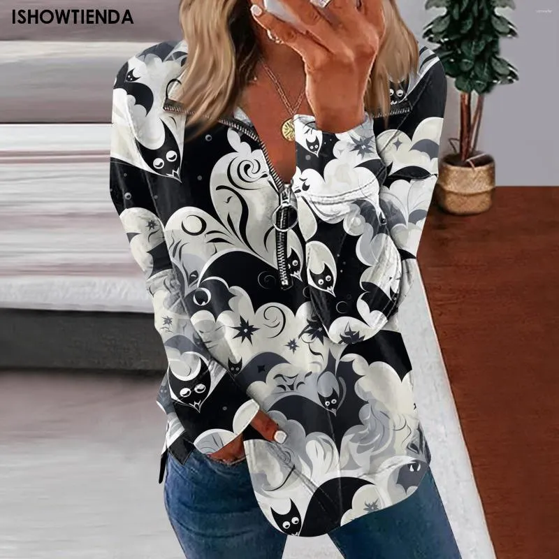 Felpe con cappuccio da donna Halloween Pullover Maglione Top Autunno Oversize Quarti 1/4 Zip Felpe Colletto con risvolto Manica lunga Spalla abbassata