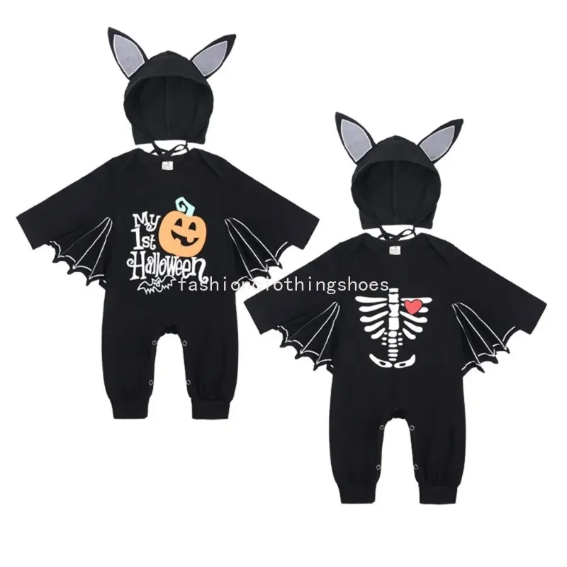 Halloween babykläder söta fladdermöss pumpa baby romper nyfödda spelsdräkt overallerar bomull långärmad jumpsuit