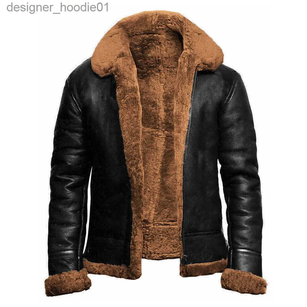 Fourrure pour hommes Fausse fourrure hommes veste en cuir PU fourrure garder au chaud revers droit fermeture éclair manteau d'hiver jeune mode décontracté surdimensionné vêtements d'extérieur Parkas Locomotive L230913