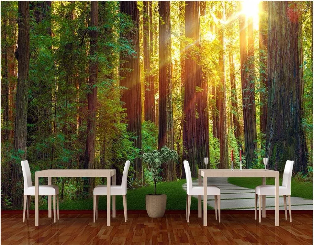 Bakgrundsbilder Anpassade väggmålning PO 3D Bakgrund Sunshine Virgin Forest Trail Room Decor Målning Bildväggmålningar för 3 d