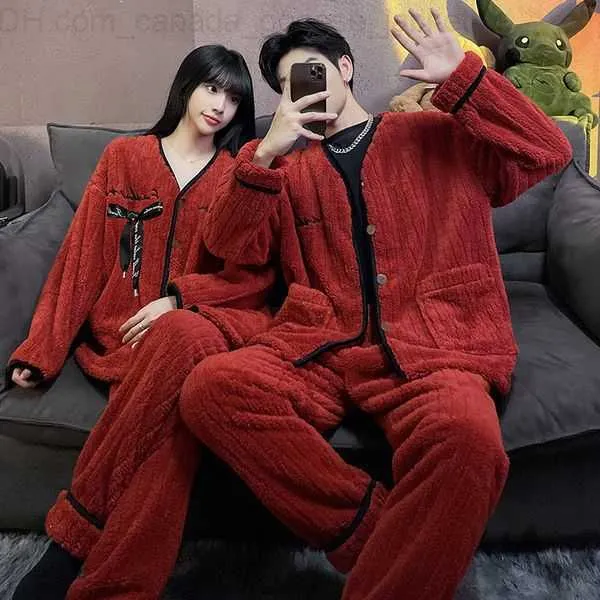Autumn Winter Warm Flannel Zipper Couple Pajamas Set Women