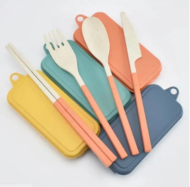 Wheat Straw Folding Cutlery Set Kids Knife Fork Spoon Chopsticks Portable Dinnerware Kits Flatware Set for Travelling Camping