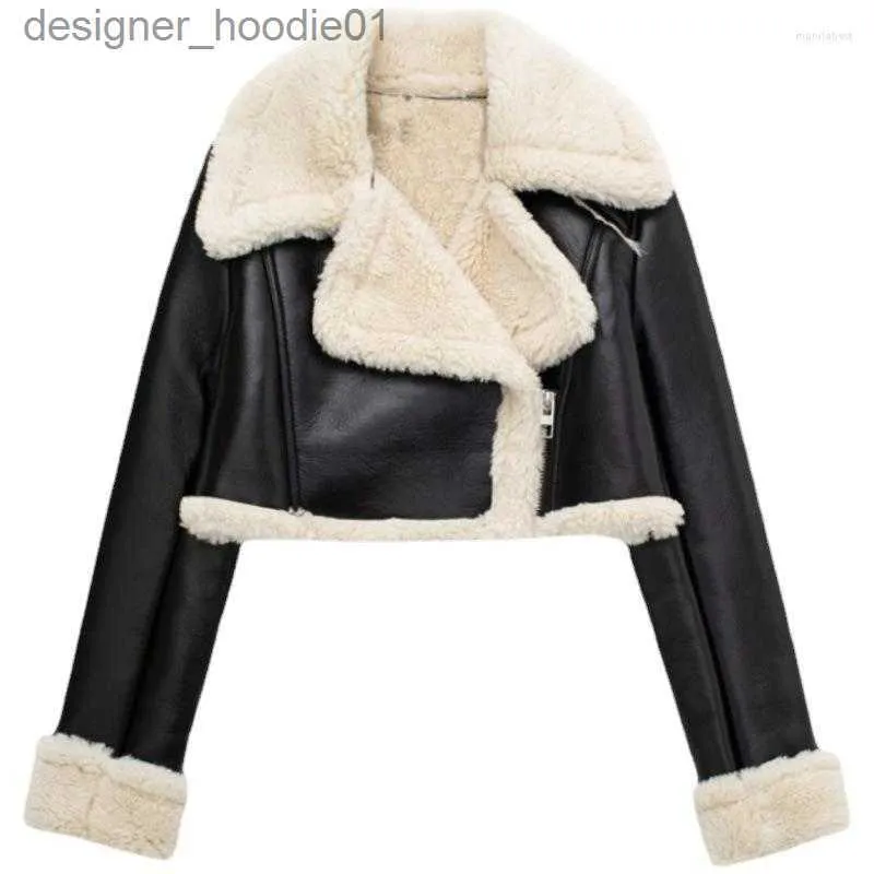 Men's Fur Faux Fur Women's Fur Women Winter Faux Leather Jacket Fashion Long Sleeve Lapel Fleece Linen Coat Lady Single Breasted Motorcycle Warm Outwear L230913