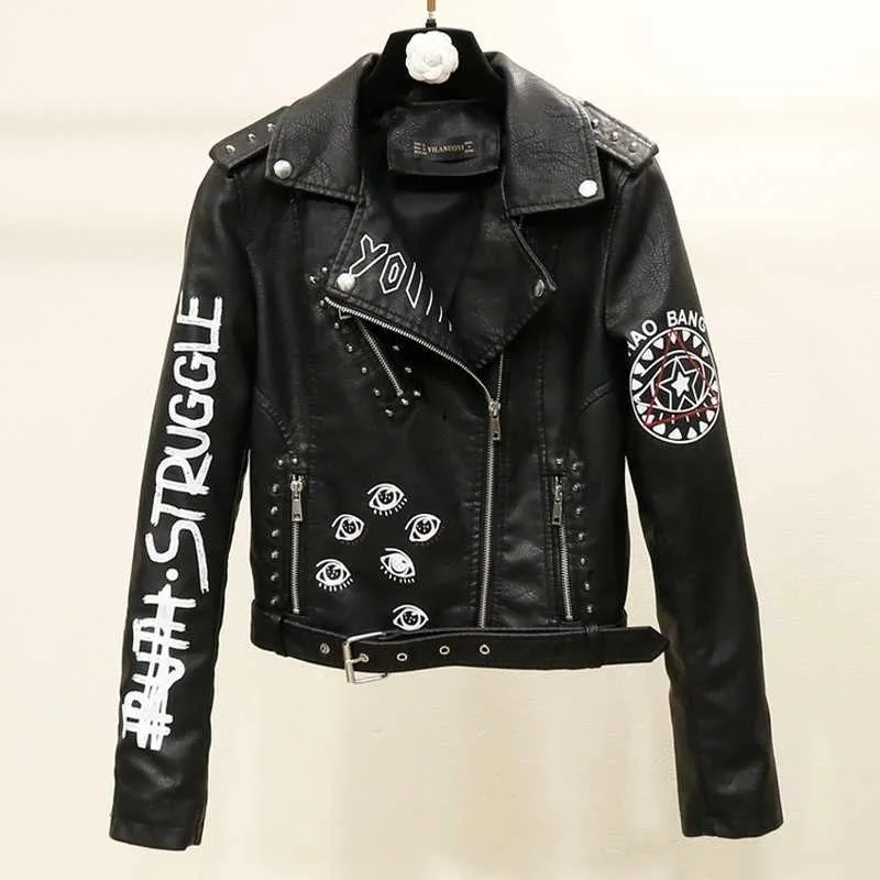 Women's Leather Faux Leather New Autumn Women Faux Leather Jacket Female Rivets Letters Print Motorcycle Leather Short Women's Biker Coat Female Punk Outwear x0913