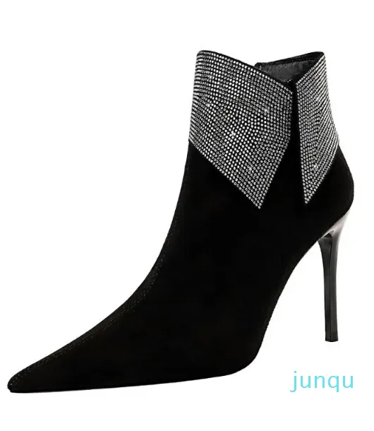 Women Shoes fashion Mature Sexy Slim Banquet Stiletto High Heels Suede Pointed Toe Lapel Rhinestone Ankle Boot