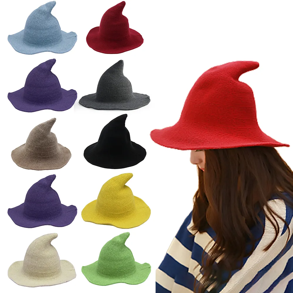 Adult Kids Halloween Witch Hat Wool Knit Hat Solid Hat Party Fancy Dress Hat Witches Top Pointed Caps Dresses Up Cosplay Props FY4892