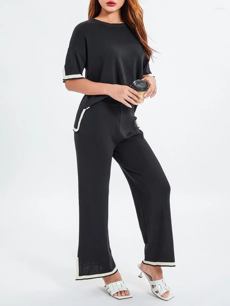 Pantalon deux pièces pour femmes, ensemble pull-over, 2 tenues décontractées, manches longues, col ras du cou, hauts taille haute, jambes larges, ensembles de salon