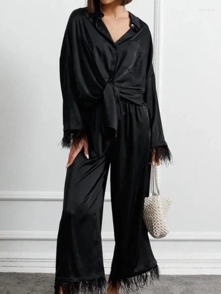 Damska odzież sutowa pióra piżamy dla kobiet 2 -częściowe zestawy czarne długie rękawie luźne spodnie pestki jesienne swobodne odzież nocną