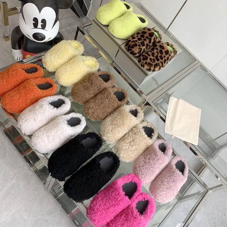 Primavera moda na moda lã de cordeiro plana pele chinelo inverno homens mulheres fofo peludo tamancos sandália mules designer de luxo slide leopardo marrom arranhões ao ar livre tamanho grande 35-47