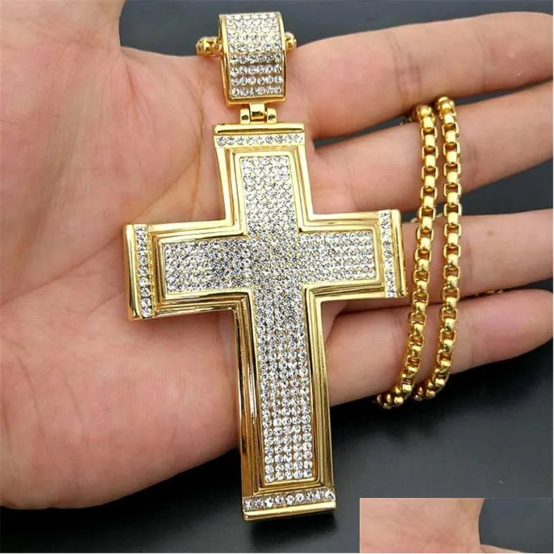 Pendant Necklaces Hip Hop Iced Out Big Cross Necklace For Men Gold Color Stainless Steel Rhinestone Hiphop Christian Jewelrypendant Dr Dh8Ev