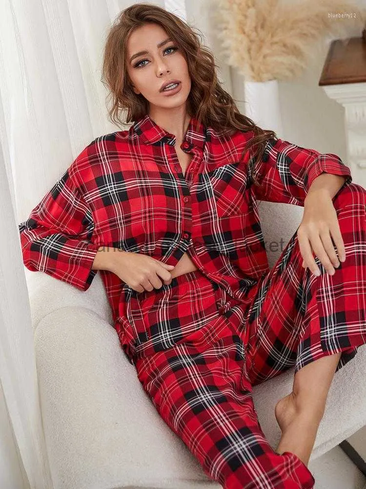 Femmes Sleep Lounge Vêtements de nuit pour femmes Pyjamas pour femmes à carreaux rouges 2 pièces Hauts Pantalons Automne Hiver Pijamas HomeWear Vêtements Bouton avant avec poitrineL230914