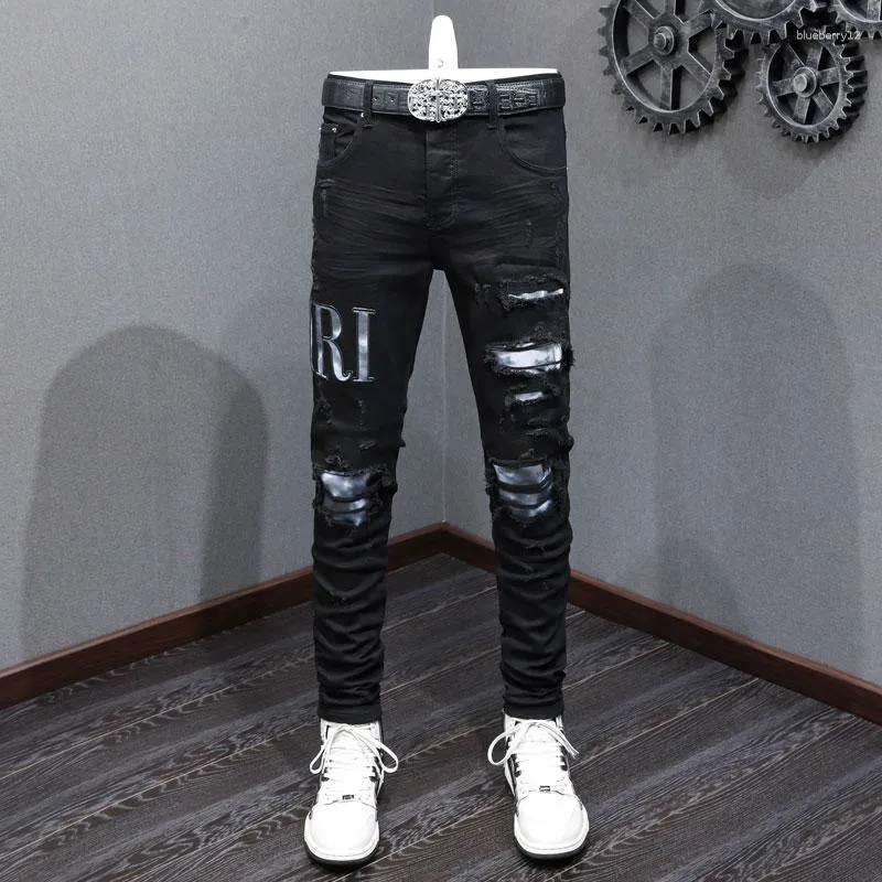 Мужские джинсы High Street Fashion, мужские черные эластичные узкие брюки с рваными синими заплатками, дизайнерские брендовые брюки в стиле хип-хоп