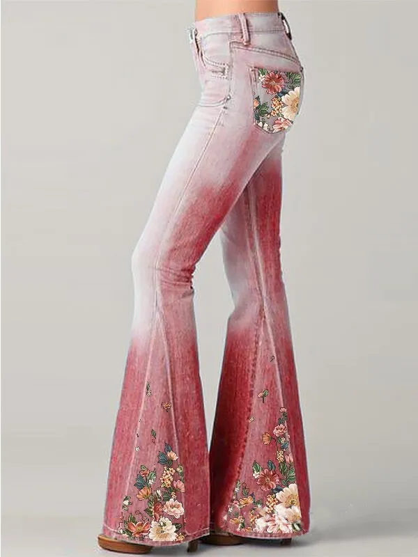 Primavera nova moda jeans gradiente flor impressão imitação denim bell bottoms mulheres cintura alta calças compridas plus size mulheres calças h0908