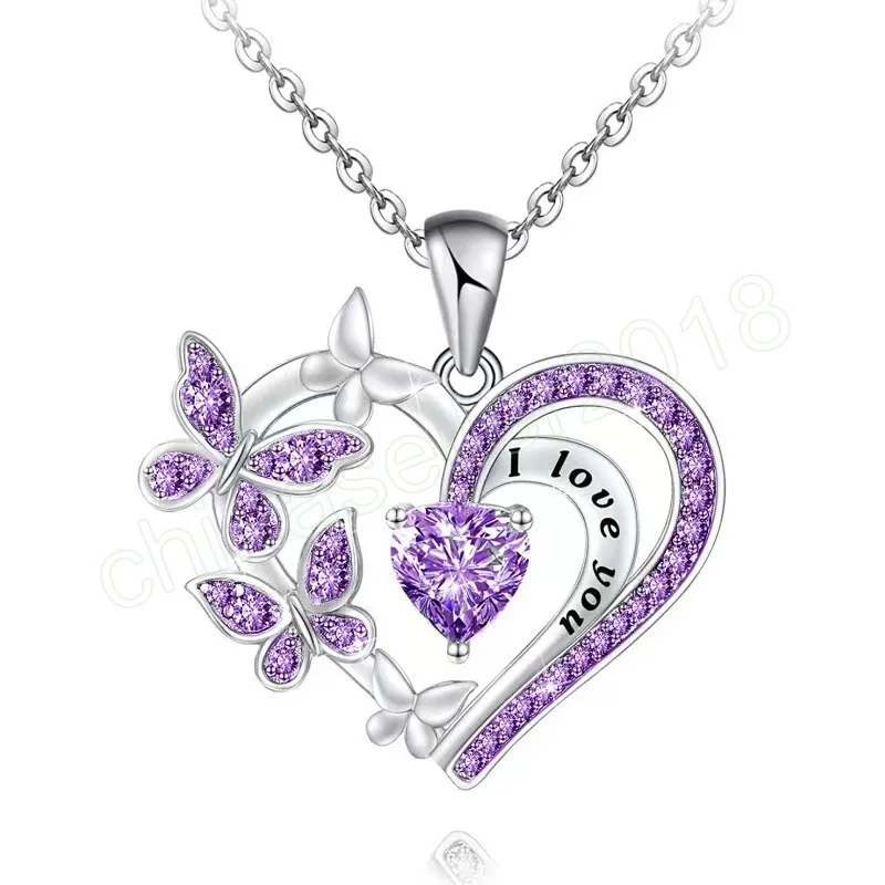 Shining Crystal Butterfly Heart Pendant Necklace for Women Letter I LOVE YOU Couple Lovers Gifts Fashion Jewelry Accessories