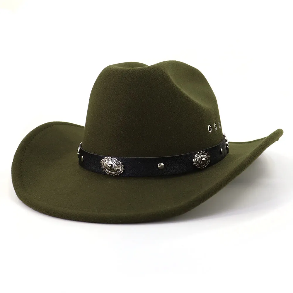 Chapeau de Cowboy occidental Vintage avec ceinture en métal, chapeau Fedora de Jazz pour hommes et femmes, chapeau de fête d'église à large bord, casquette de Cowgirl en feutre Sombrero