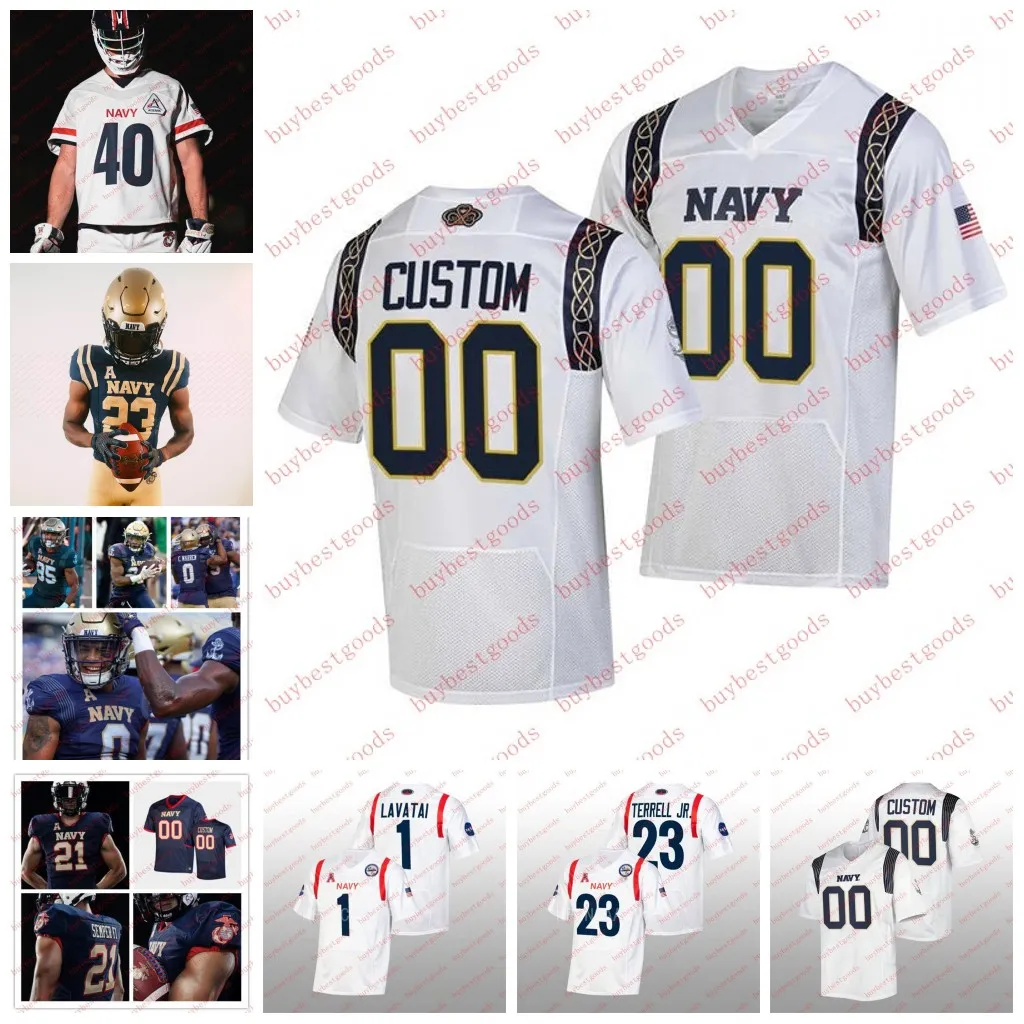 Aangepaste 2023 Navy Midshipmen voetbalshirt 54 Diego Fagot 45 Daba Fofana 22 Eli Heidenreich 87 Jayden Umbarger Navy Midshipmen truien