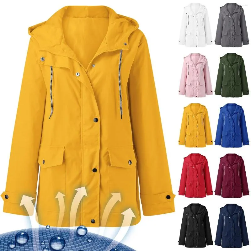 Mulheres Trench Coats Womens Hoodie Rain Watertight Casaco Sólido Bolsos Zipper Jaqueta Feminina Treino Ao Ar Livre Windbreaker Jaquetas Mulher Anoraques