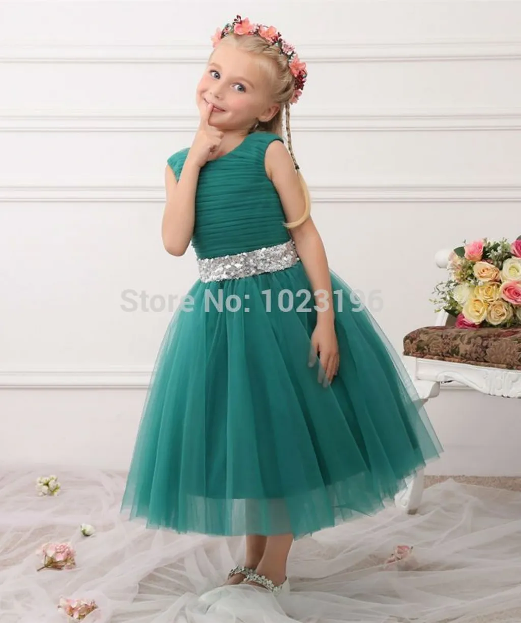 Nouvelle vraie princesse verte fleur fille robes paillettes ceinture thé longueur tulle infantile enfant en bas âge filles robes de reconstitution historique robe de soirée HY1270