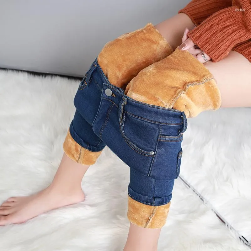 Women's Jeans Women Thermal Winter Snow Warm Plush Stretch Cross Lady Skinny Thicken Denim Gray Pants Fleece Mom Fur Trousers