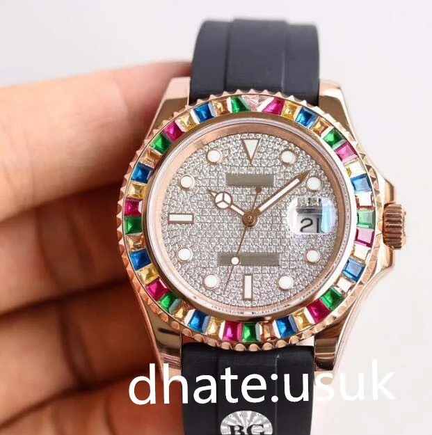 Watch Factory Heren Super VR-versie Rose Gold Rainbow Diamond Bezel Saffierhorloges Heren Cal.3135 Automatisch uurwerk Rubberen band Lichtgevende horloges