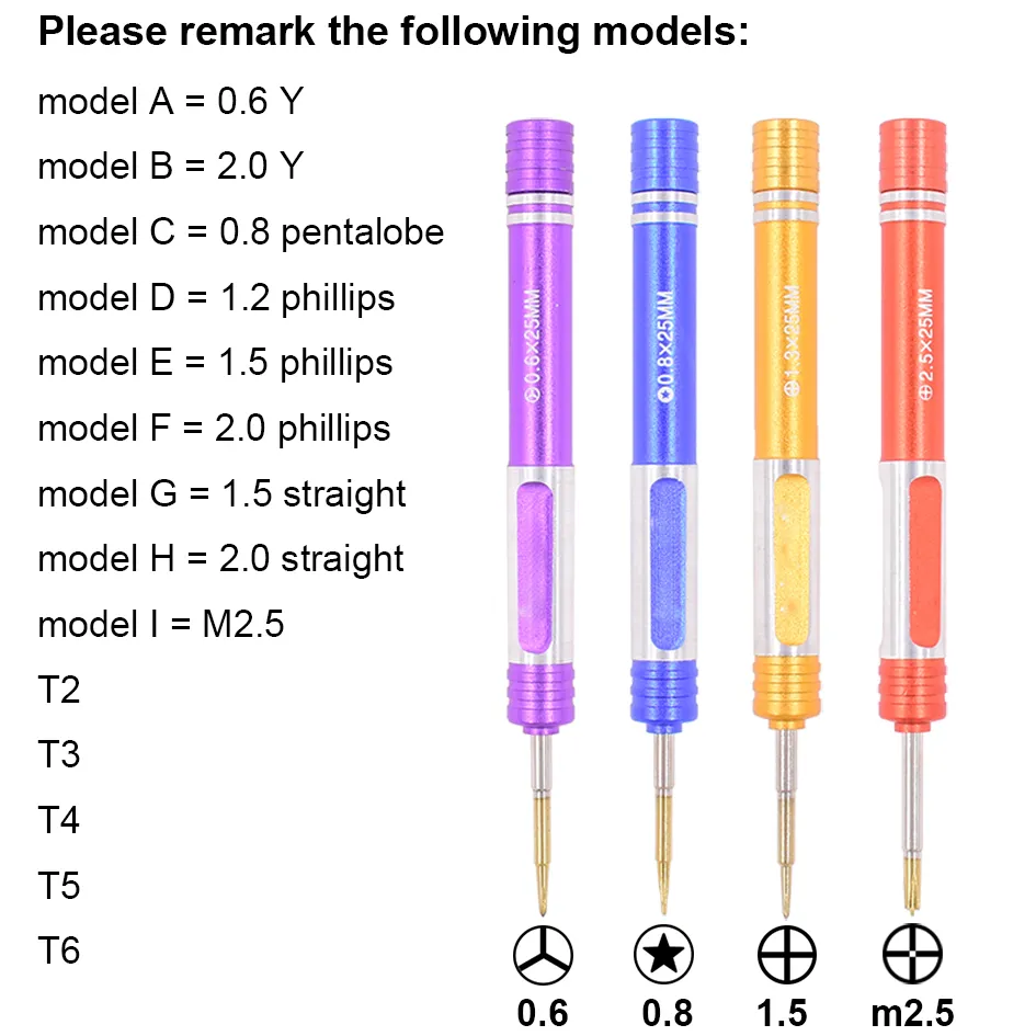 0.6y 2.0y 0.8 Pentalobe 1.2 1.5 2.0 Phillips Slotted T2 T3 T4 T5 T5 T6 M 2.5メタルハンドルS2ドリバー200PCS