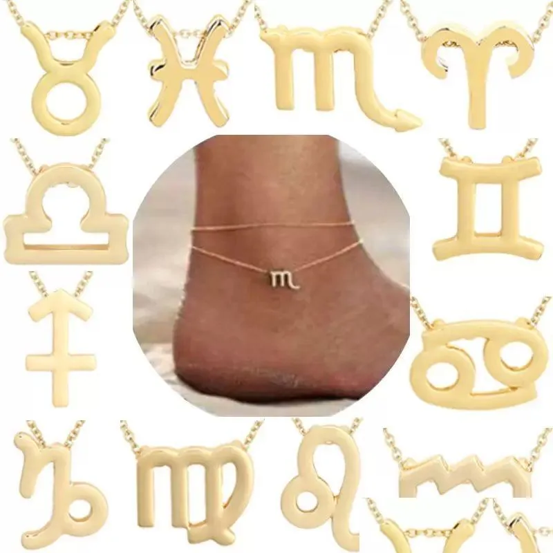 Cavigliere Mtilayer 12 costellazioni zodiacali cavigliera oro Sier Summber spiaggia lettera catena del piede per le donne signore gioielli astrologici goccia D Dhnlr