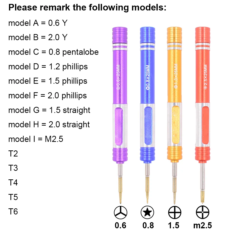 0.6Y 2.0Y 0.8 Pentalobe 1.2 1.5 2.0 Phillips a taglio T2 T3 T4 T5 T6 M 2.5 Cacciavite S2 con manico in metallo 500 pezzi