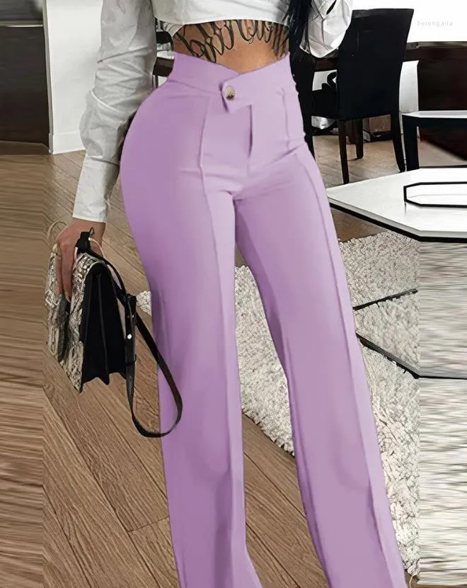 Женские брюки 2023, летние модные повседневные однотонные брюки на пуговицах и молнии с высокой талией, длинные элегантные рабочие брюки Y2K, уличная одежда