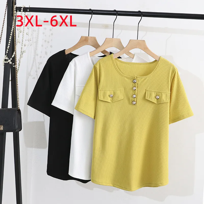 T-shirt grande taille pour femmes, hauts d'été pour femmes, manches courtes, ample, bouton en coton, jaune et blanc, 3XL 4XL 5XL 6XL 230912