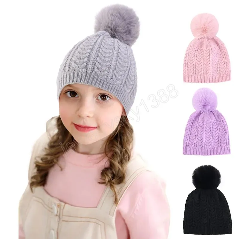 Autumn Winter Kids Cable Knit Beanie Baby Hat Solid Color Girls Boys Cap Warm Knitted Kids Cute Pompom Children Elastic Caps