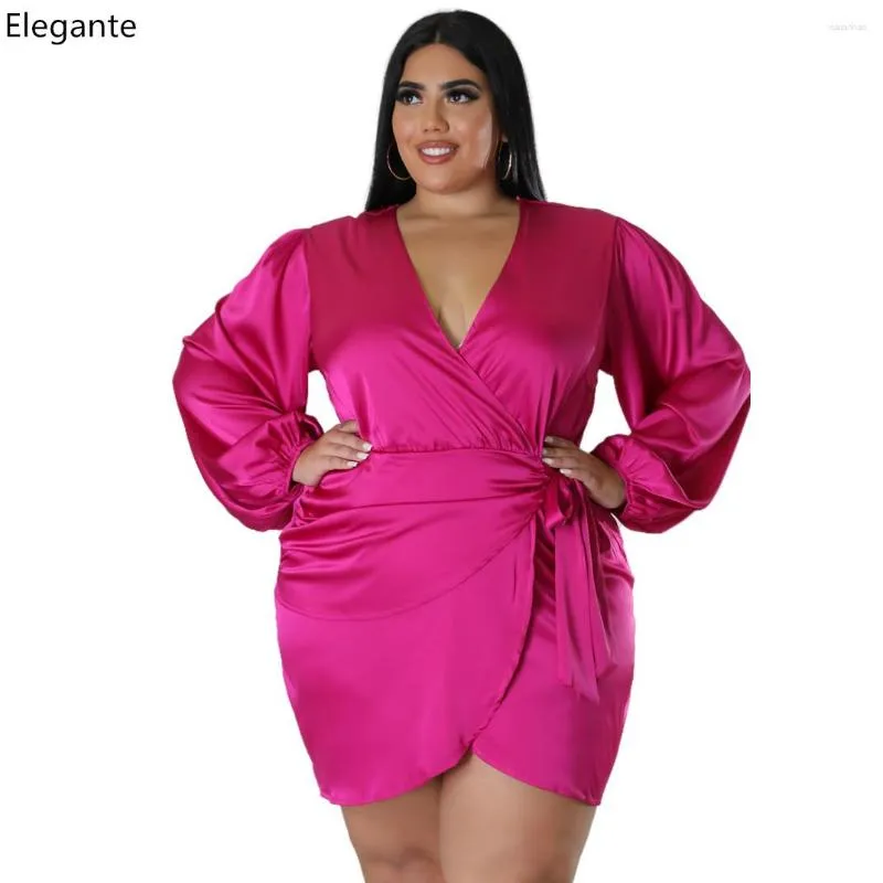 Abiti taglie forti Abito in raso Autunno 4XL 5XL Fucsia a maniche lunghe con scollo a V Fasciatura da discoteca per donna sexy per la festa