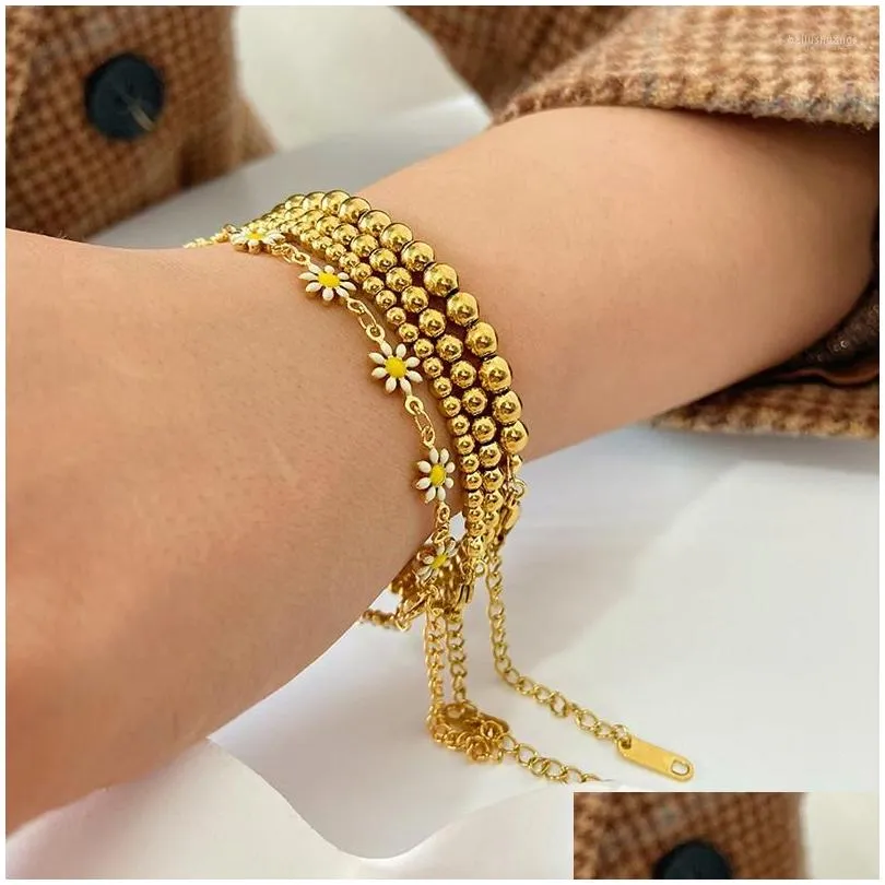 Beaded Strand 18K Gold Plated Rostfritt stål för kvinnor Små pärlor Armband Handsmycken Gift Drop Delivery Armband Dhofd