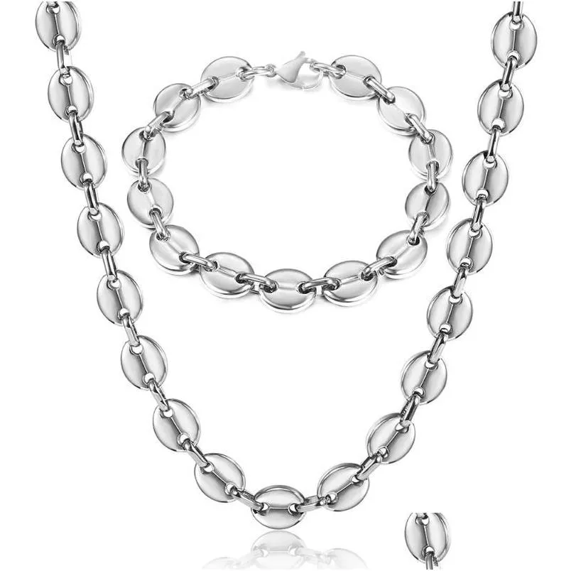 Brincos colar de aço inoxidável grãos de café pulseira conjunto para homens mulheres 7/9/11mm cor de ouro marina link cadeia jóias conjuntos lks252 dr dhwxj