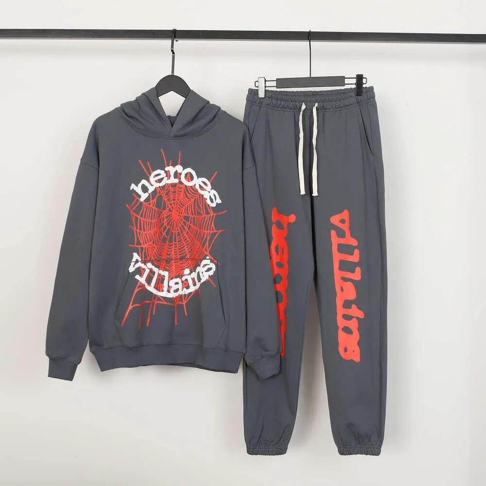 Yuw1 herrtröjor Sweatshirts High Street Hellstar Spider Web Letter Print Limited Grey Casual Hooded Sweater Pants for Men and Women Autumn