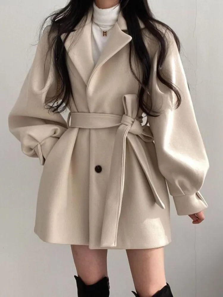 Mulheres misturas de lã jaqueta de inverno mulheres casaco de lã estilo midi trench coat para mulheres gola virada para baixo jaqueta de tweed moda coreana senhora de escritório 230912
