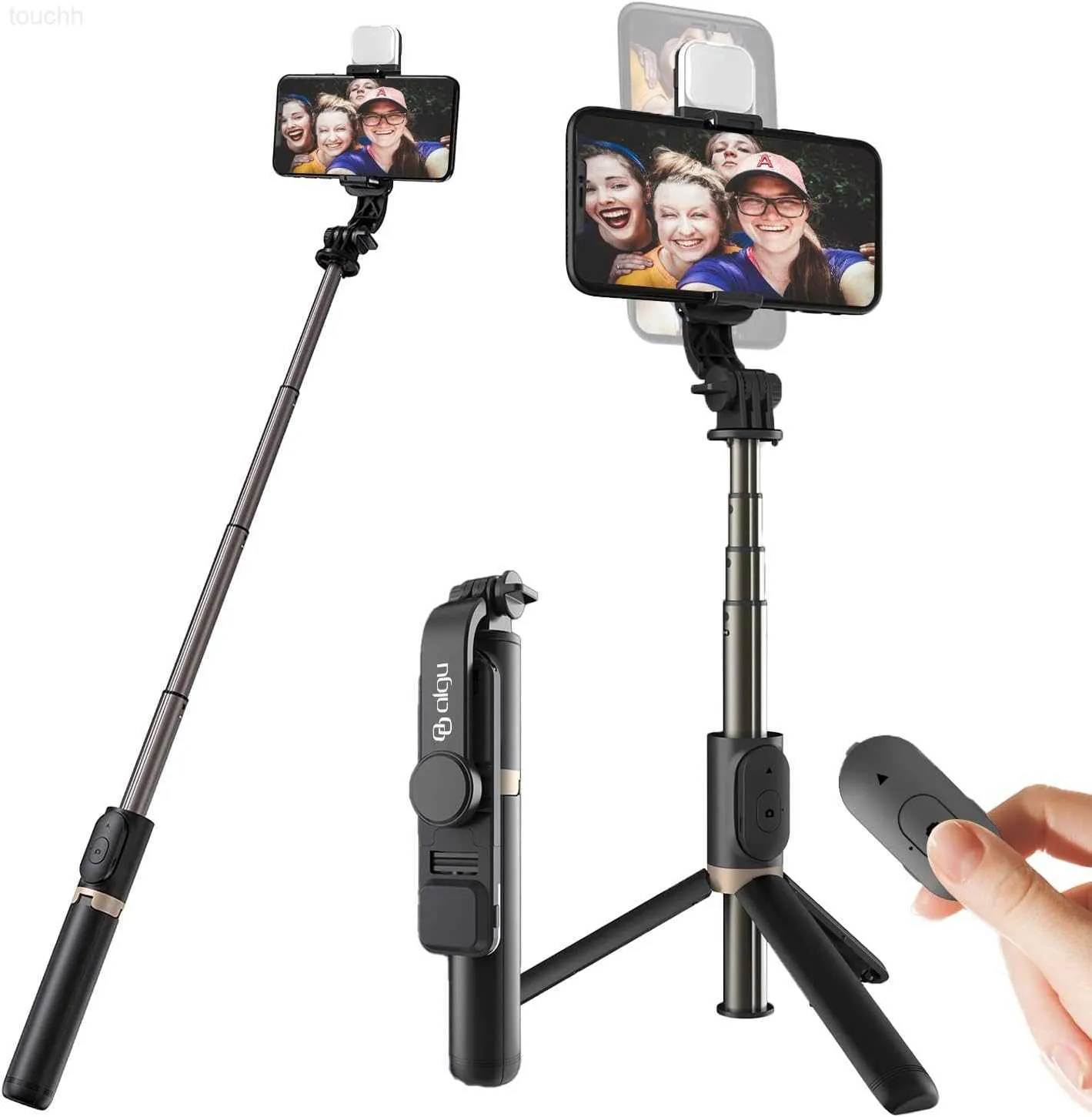 Selfie stick with tripod rechargeable LED fill light and remote control for iPhone and Android phones. Retractable aluminum selfie stick tripod L230913L20309013
