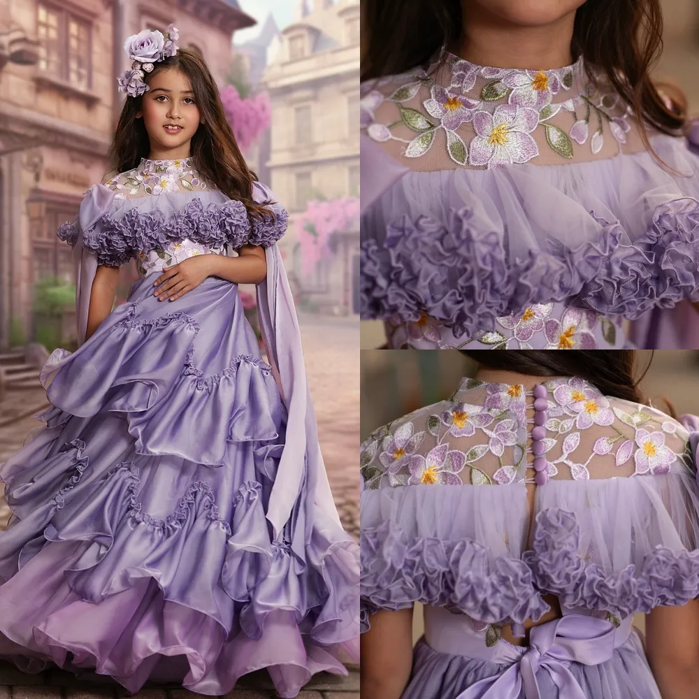 Abito da spettacolo per ragazze preadolescenti in chiffon iridescente 2024 con volant in pizzo floreale lilla lavanda per bambini, compleanno, abito da festa formale, per adolescenti, piccola giovane junior miss