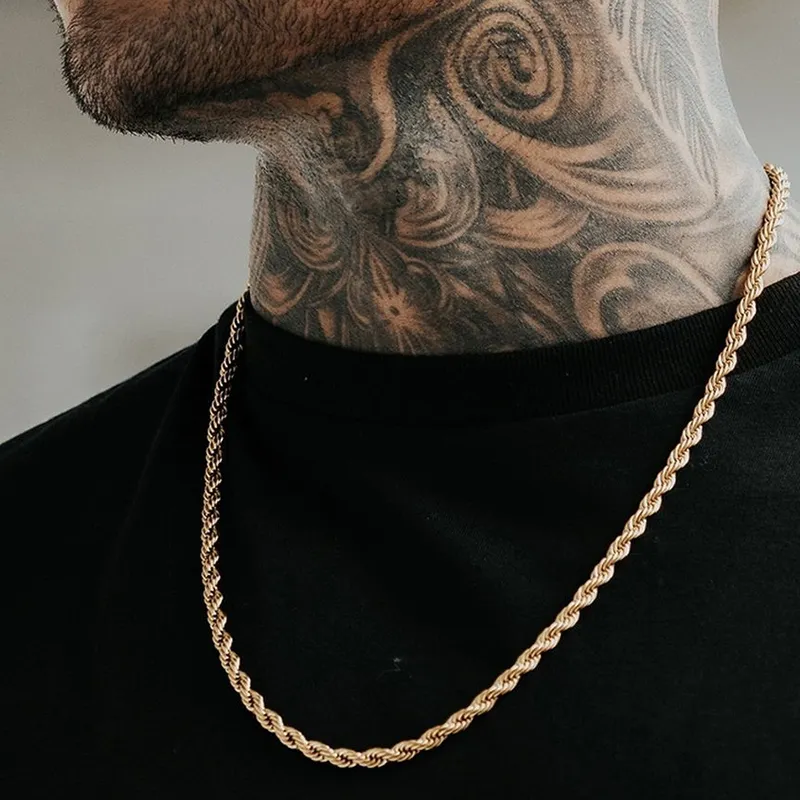 Men Corde Long Collier en acier inoxydable Minimaliste Chaîne de corde Collier Hip Hop Bijoux Gold Chains Gold 2 à 5 mm