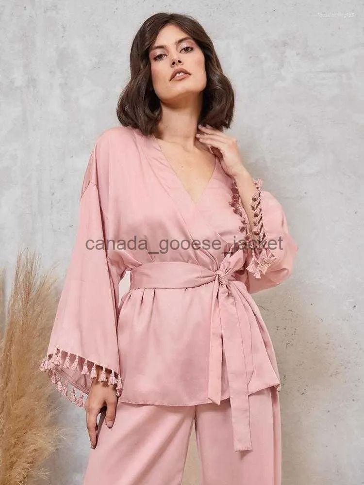 Women's Sleep Lounge Women's Sleepwear Hiloc Tassel Sparcing Women Pyjama Pink Satin Women's Nightwear With Belt Sexy V-Neck Pijama Sets Pants Loose Homel230913