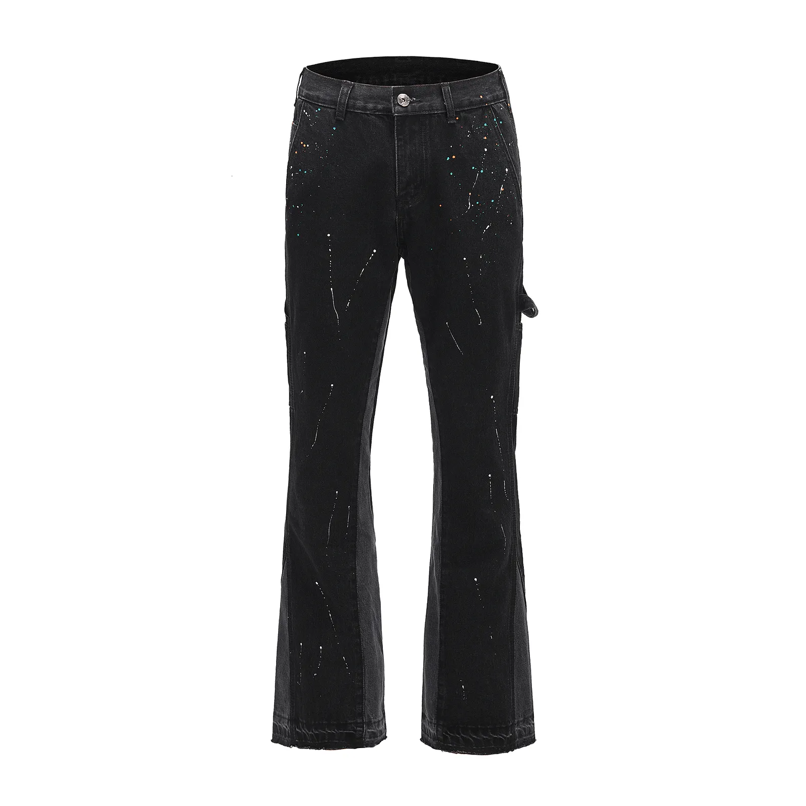 パンツ Beaded design black flare denim Black Flared Jeans for Men | Splashed Ink Denim Streetwear