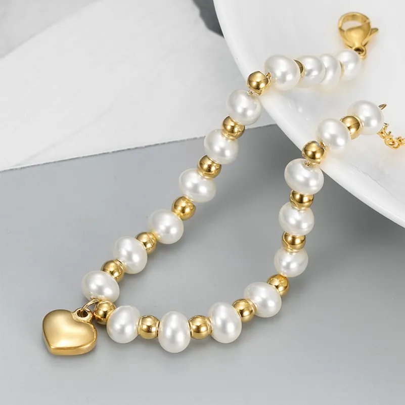 Золотой браслет с подвеской в форме сердца и жемчуга, браслеты из нержавеющей стали, браслет из бисера для женщин, летние модные украшения