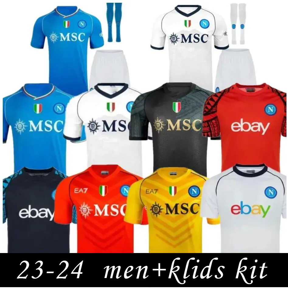 23 Napoli camisas de futebol MEN KIT KIDS CONJUNTOS Maglia Nápoles 2023 2024 Zielinski ANGUISSA OLIVERA Maradona camisas de futebol goleiro LOZANO SSC Maillots Halloween